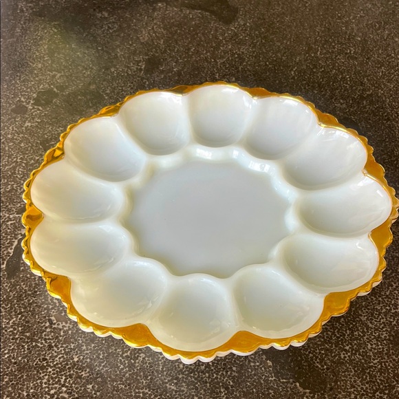 Anchor Hocking Other - Vintage Anchor Hocking milk glass White w/gold trim Scalloped deviled egg plate